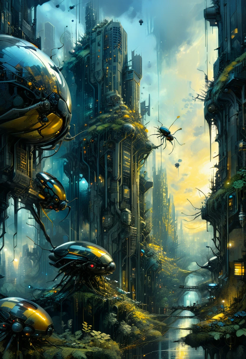 Forest with biomechanic insects, high tech ornaments composing a futuristic city, cityscape with buildings on sunset, mystery atmosphere, deep grey and black blue and golden yellow, 4D, 8K, photorealistic, dreamlike, big and complex composition storytelling, masterpiece, artwork by Bernie Wrightson, artwork by Jeremy Mann, Surrealism, Impressionism