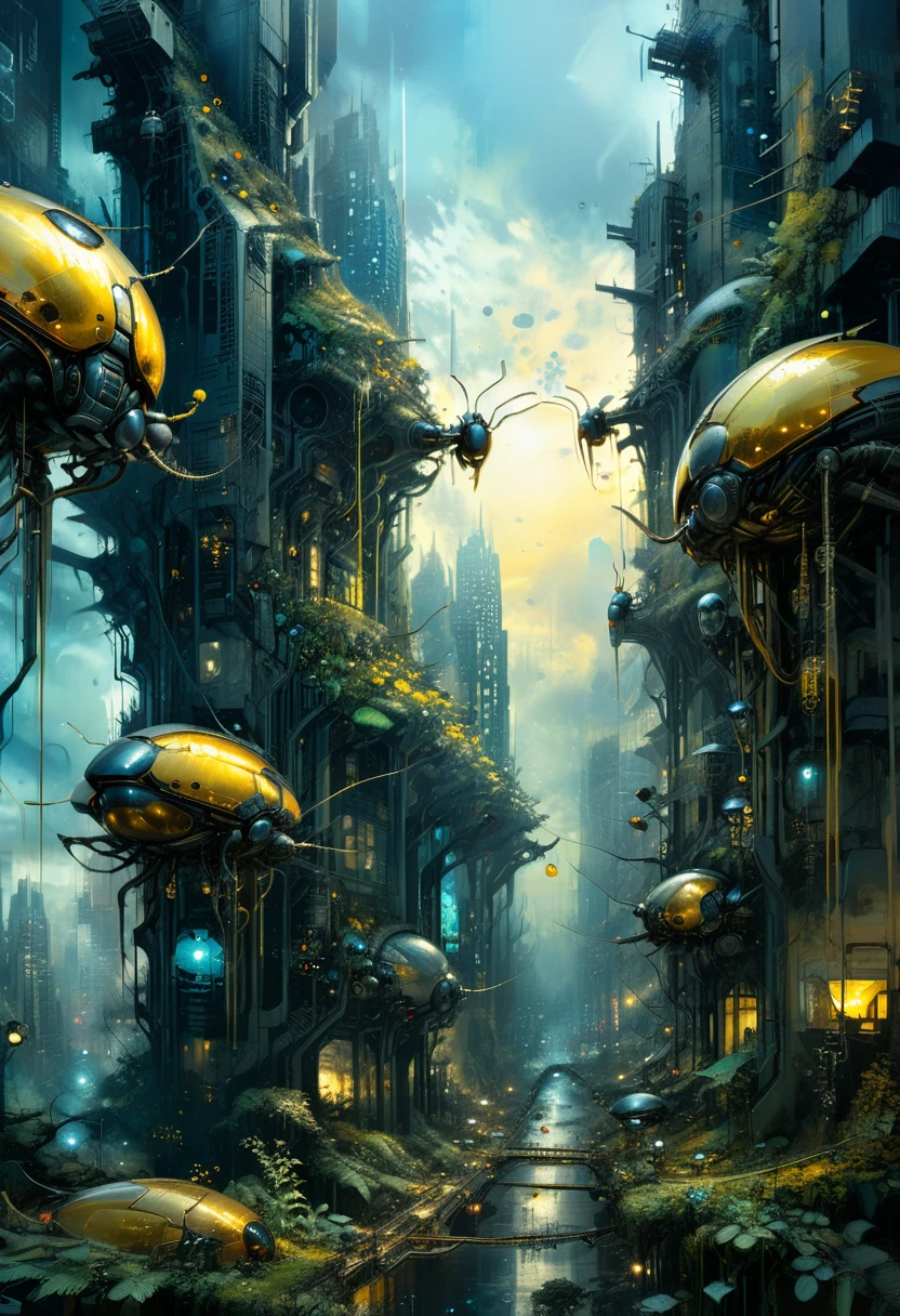 Forest with biomechanic insects, high tech ornaments composing a futuristic city, cityscape with buildings on sunset, mystery atmosphere, deep grey and black blue and golden yellow, 4D, 8K, photorealistic, dreamlike, big and complex composition storytelling, masterpiece, artwork by Bernie Wrightson, artwork by Jeremy Mann, Surrealism, Impressionism