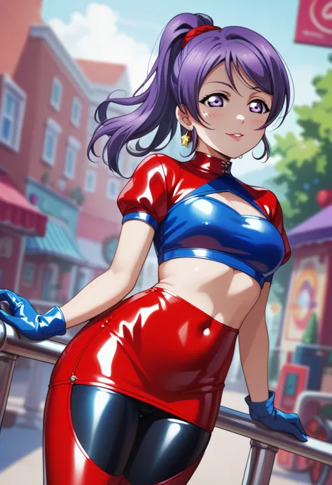 1girl,long purple hair, purple eyes, latex red crop top, blue short sleeves, blue gloves,red small latex skirt, blue bike shorts...