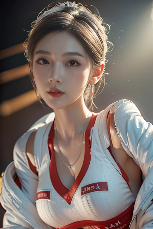 masterpiece,Game Art,Best picture quality,Maximum resolution,8K,(A bust photo),(portrait),(Head close-up),(Rule of Thirds),Unreal Engine 5 rendering works,
20 year old girl,Short hair details,Long bangs,(White hair),Red Eyes,Elegant and elegant,(Large target, Full breasts),(Wearing a white coat,Red suspender underwear),shut your mouth,Serious yet charming,(scholar),Photo poses,Sci-fi style laboratory,White Room,
Movie Lighting，Ray Tracing，Game CG，((3D Unreal Engine))，OC rendering reflection mode