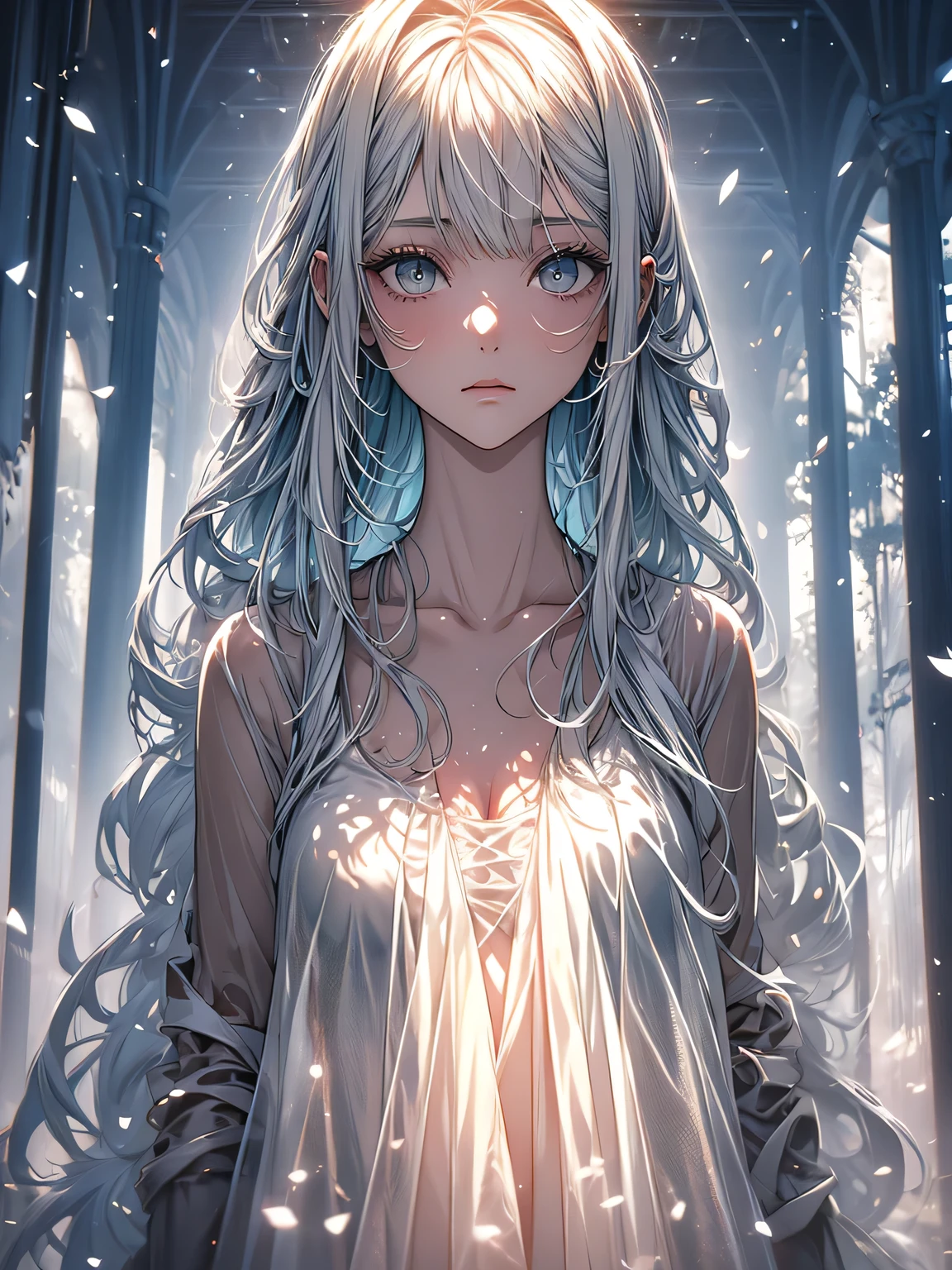 Beautiful girl in a transparent gray robe standing in a dark forest, Magnificent style, Octane Rendering, Desert Composition, Beautiful Face, Detailed face, Surreal, Oil on canvas, Awards, artwork, Art Station Trends, Studio Ghibli, Close-up of a girl
