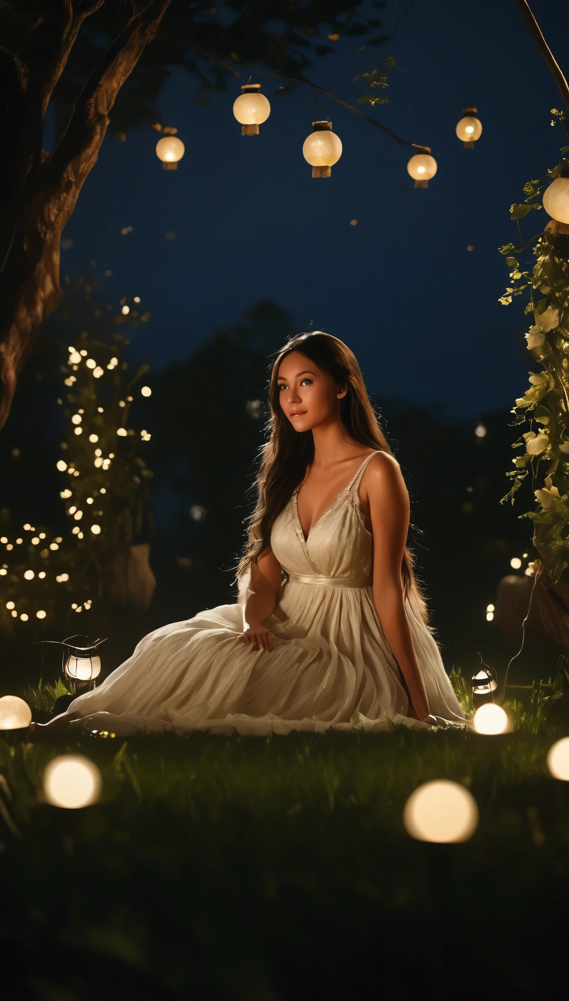 ((Beautiful girl sitting under the moonlight in a beautiful garden lit by hanging lanterns:1.5)), dreamy expression, long flowing hair, elegant dress, moonlit garden, bright moonlight, dramatic lighting, cinematic atmosphere, detailed portrait, photorealistic, 8k, highest quality, intricate details, hyper-realistic, natural skin tones, masterpiece