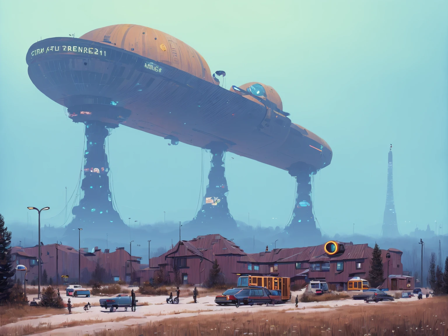 (lora:21Stalenhag:1),(masterpiece), (best quality), (ultra-detailed), (best illustration), (best shadow), (absurdres),((draw by Simon Stlenhag)), Simon Stlenhag style,SIMON STÅLENHAG,(((science fiction city))),focus on the giant tower, Americana Architecture