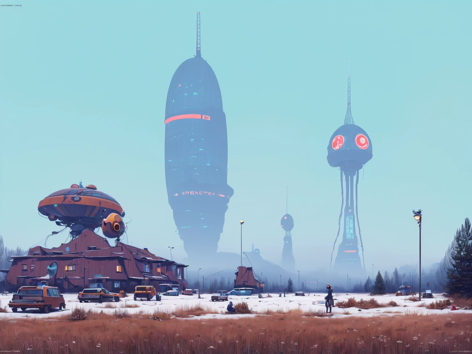 (lora:21Stalenhag:1),(masterpiece), (best quality), (ultra-detailed), (best illustration), (best shadow), (absurdres),((draw by Simon Stlenhag)), Simon Stlenhag style,SIMON STÅLENHAG,(((science fiction city))),focus on the giant tower, Americana Architecture