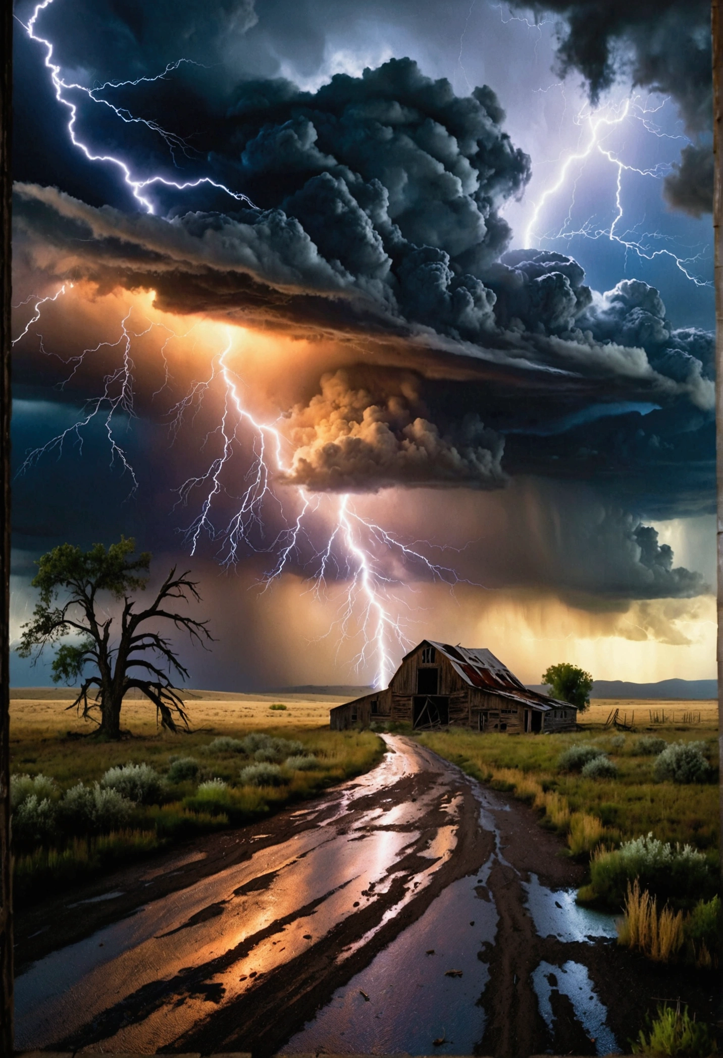 Imagine an unexpected catastrophic event. A wide open landscape with black storm clouds gathering overhead. The wind is howling, and lashing rain begins to fall. In the distance, a tree is hit by a bolt of lightning setting off a tiny fire, while leaves and debris swirl in the growing tempest. An old, abandoned barn stands resolute in the face of the oncoming storm, its once vibrant paint now faded and peeling. Puddles start to form on the ground, reflecting the chaotic scene overhead. The scene encapsulates the rawness and unpredictability of nature.