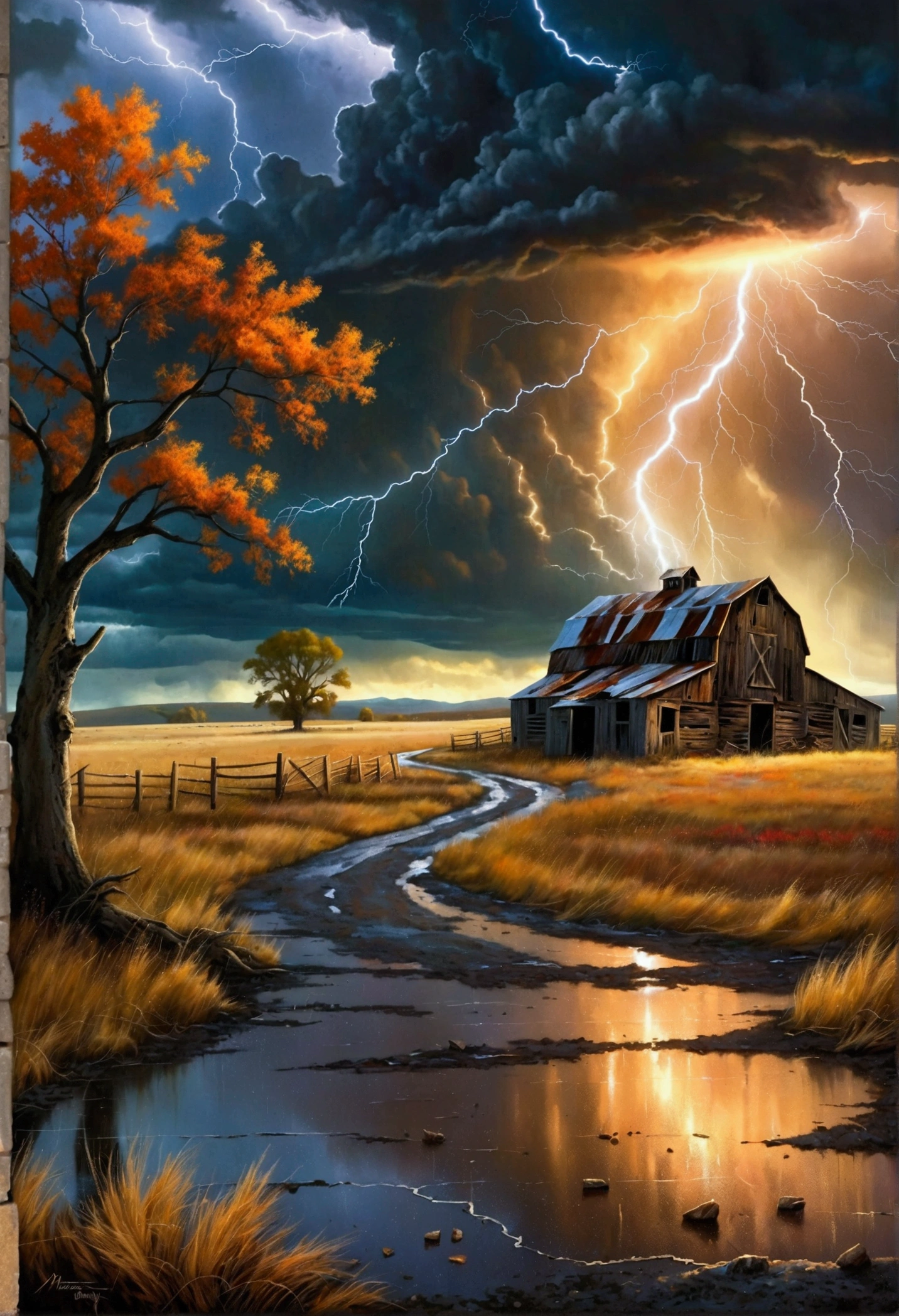 Imagine an unexpected catastrophic event. A wide open landscape with black storm clouds gathering overhead. The wind is howling, and lashing rain begins to fall. In the distance, a tree is hit by a bolt of lightning setting off a tiny fire, while leaves and debris swirl in the growing tempest. An old, abandoned barn stands resolute in the face of the oncoming storm, its once vibrant paint now faded and peeling. Puddles start to form on the ground, reflecting the chaotic scene overhead. The scene encapsulates the rawness and unpredictability of nature.