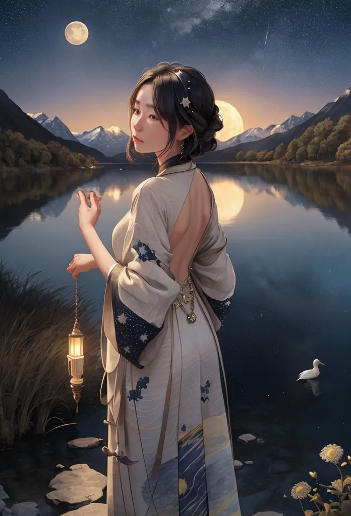 1 woman_take a selfie with your back to the background, starry night. huge moon behind the mountains. a quiet lake reflects the ...