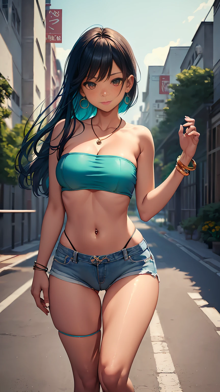 1girl, anime girl, anime, (dark skin), bracelet, necklace, earrings, 2d girl, 18y, (fullbody), anime girl, seductive smile, (turquoise hair), flowing hair, hair flowing in the wind, ((mini,tube top,strapless)), ((underboob view)), (((hands on our breasts))), cleavage, Solo, Slim, Big Breasts, Tight Shorts, low waist shorts, upshorts, outdoors, night background, flowers, looking at viewer, darker shadows, (((explicit))), (((short,shorts))), (((absurdres))), (((thigh gap))), (((NSFW))), (((cameltoe))), (((lowleg shorts))), (((sexy))), (((sensual))), (((cameltoe,Detailed description vagina))), (((mini tube))), (((Tube Top))), (((Strapless)))