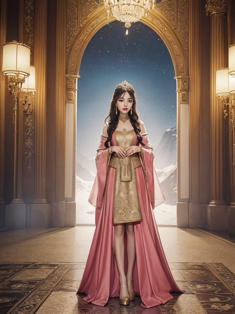 （（best qualtiy，8K，tmasterpiece：1.3，full body detailing，Photographic grade））， Costumes worn by ancient princesses in winter，Usually full of ornate and elegant details，Keep their image warm and noble。This is how ancient princesses looked in winter clothes、((full body view,full body photo,Full Body):1.5),(cute face,Description of makeup and costume details：

Clothing appearance：
The winter clothes of ancient princesses are designed to be exquisite and gorgeous，Usually made of silk、vellus hair、Made of expensive materials，Like damask  。They often wear robes or long skirts，Cover the whole body to keep warm。These garments often present ornate embroidery thread decoration and delicate embroidery，to show their nobility。Princesses also liked to wear fur shawls or Romanesque cloaks，These reinforce their majesty and mature image。

Makeup：
The makeup of ancient princesses focuses on sophistication and luster，Usually based on fair skin。They often wear light makeup，Highlight the contours of the eyes and lips，And use cosmetics containing pearlescent or gold elements to enhance the radiance of the face。Red lipstick and pink blush are often used to add a touch of glamour and vibrancy to their makeup。

Clothing details：
The details of the princess's costume show luxury and sophistication。They often wear valuable jewelry，For example, choker necklace、Earrings and bracelets，These jewels are usually made of gemstones、Made of pearls or precious metals。Ornaments often reflect their status and family heritage。

Clothing details are also important。Princess costumes often have ornate embroidery、Lace、Metal accents or beaded accents。They often wear wide sleeves、Streamlined or loose coat，Tunic treatment is performed on the waist，Accentuate elegant curves。The skirt may have multiple layers of fluffy yarn or pleats，Increase volume and romance。

generally，Ancient princess winter dress look、The makeup and costume details are full of gorgeous and romantic elements，Show their nobility and noble status。