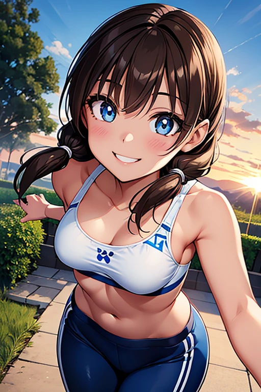 Megumi Amano、Shiny brown hair, Twin tails, 美しいblue eyes、Small waist、Small breasts、Modest chest、smile、Sparkling eyes, (fine grain)、Very fine eye、Highly detailed face, Highly detailed eyes, Cowboy Shot、




One girl, alone,  Main Piece, high quality, High resolution, blue bow,  blue eyes, White sports bra, Black sports pants with white stripes, black bow, bow , Blue headband, bangs, , cowboy pictures, smile, Fascinating, Embarrassing, jogging, garden, sunset, View your viewers, throw (From above) ,Great hands, Excellent anatomy