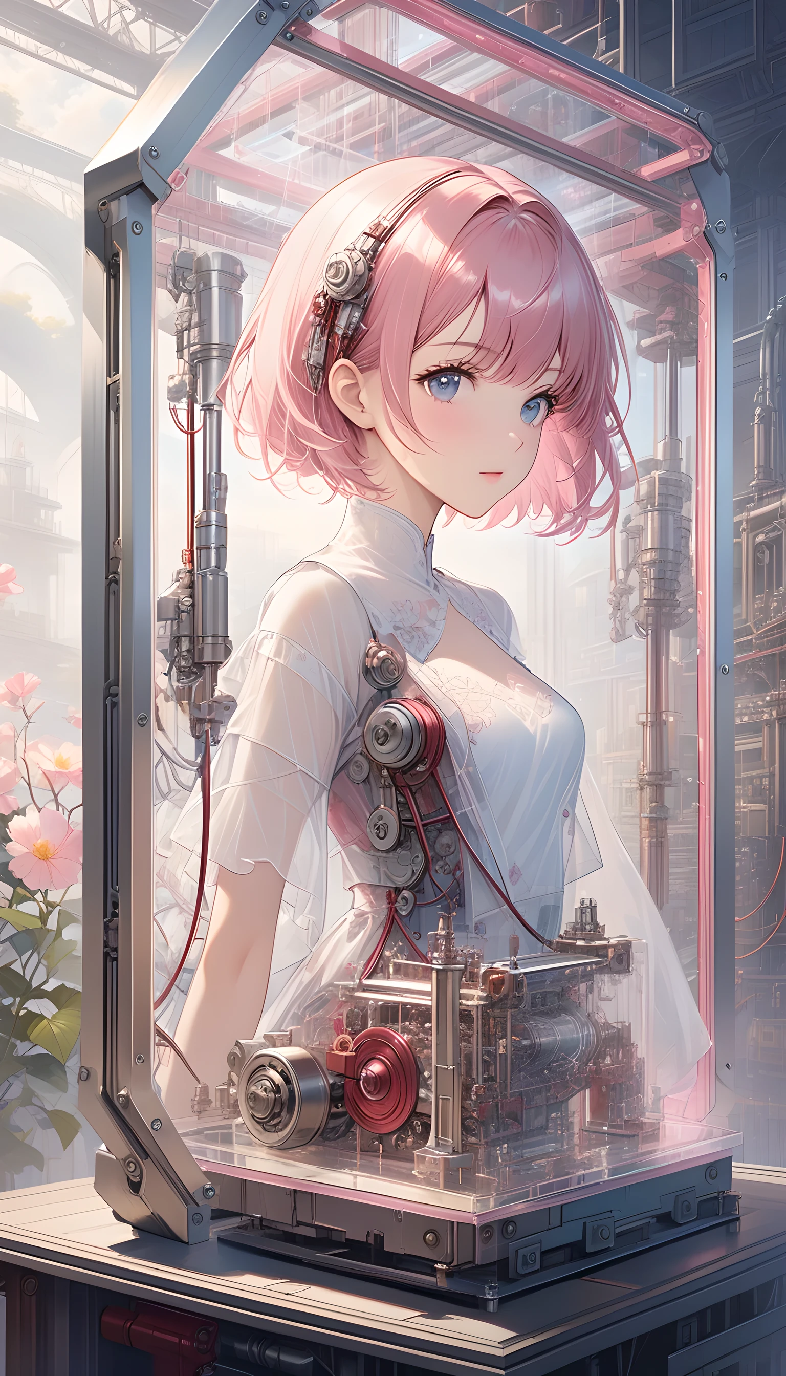 masterpiece,Solitary,Maximum resolution,best quality,wallpaper,Good composition,32K,(Transparent Materials:1.2),1 Girl,Pink short hair,side fringe,Delicate and beautiful face,Mechanical structure,composed of machinery,transmission,Hydraulics,Circuits and wires,Skin wrapped with transparent sss material,doll,artwork,