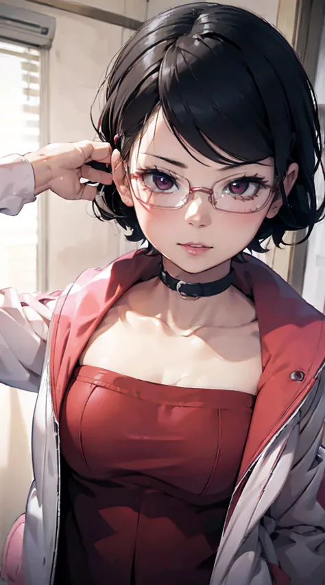 1 girl, boruto anime, shorth hair, bblack hair, eyes red, frameless glasses, ssmile, comely, work of art, absurderes, hinata\(bo...