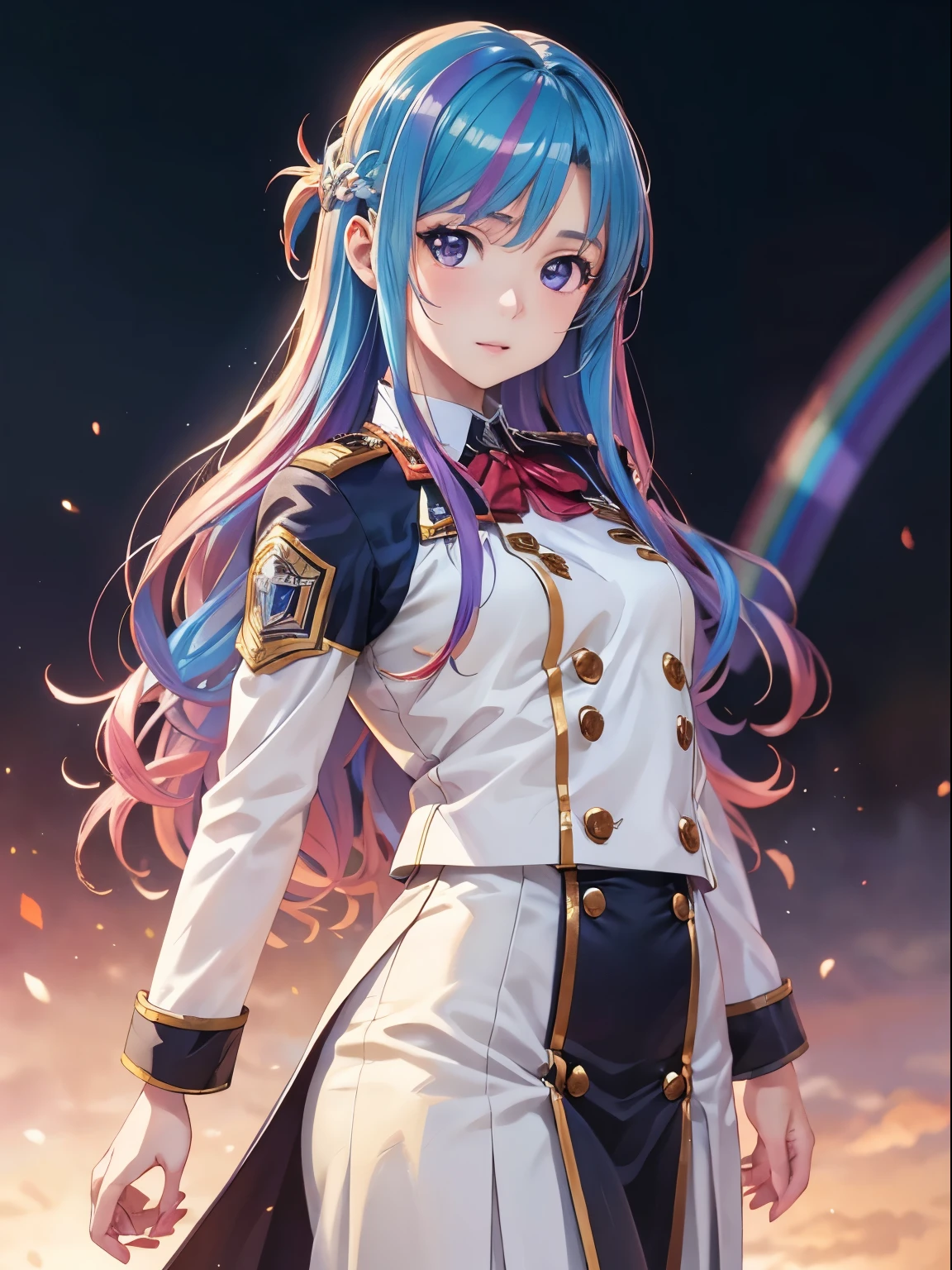 Best Photos, (Anime illustration style:1.3),Tabletop, asuna yuuki、masterpiece、Ultra-precision、high resolution, Anime girl with rainbow hair and purple eyes、(Beautiful, clear, rainbow-colored hair:1.25)、Shining Eyes, Colorful eyes:1.15、Overall front view、Solo Girl, High School Uniform、White Uniform, Long Skirt、(Genuine、Realistic、Realistic:1.5)、High resolution、超High resolution、Ultra-fine painting、Sharp focus、Physically Based Rendering、Cowboy Shot, Realistic, High resolution, Soft Light, Beautiful rainbow wavy hair