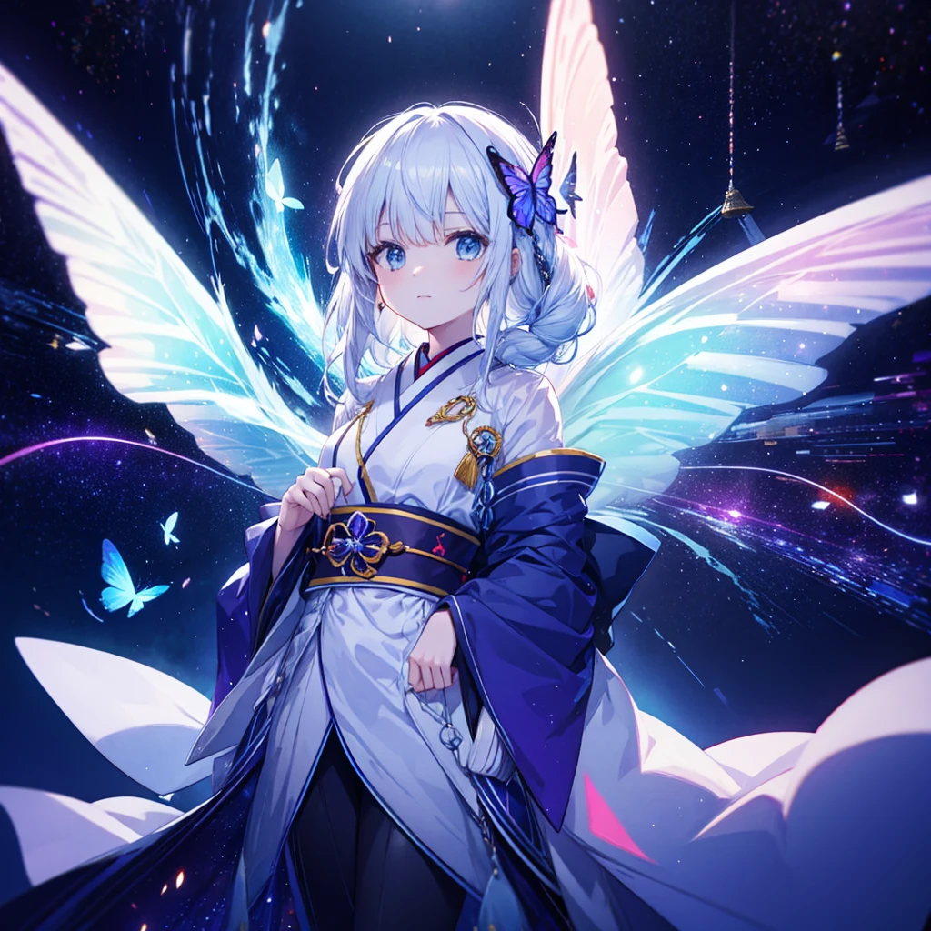 One woman,Archangel((Big Wings,The galaxy spreads,very mysterious,grow,Close-up)) background(Cyber World) Serious expression,Looking diagonally upwards, pure white long hair,A neon colored butterfly blowing in the wind,Super Mysterious Japanese Anime Style