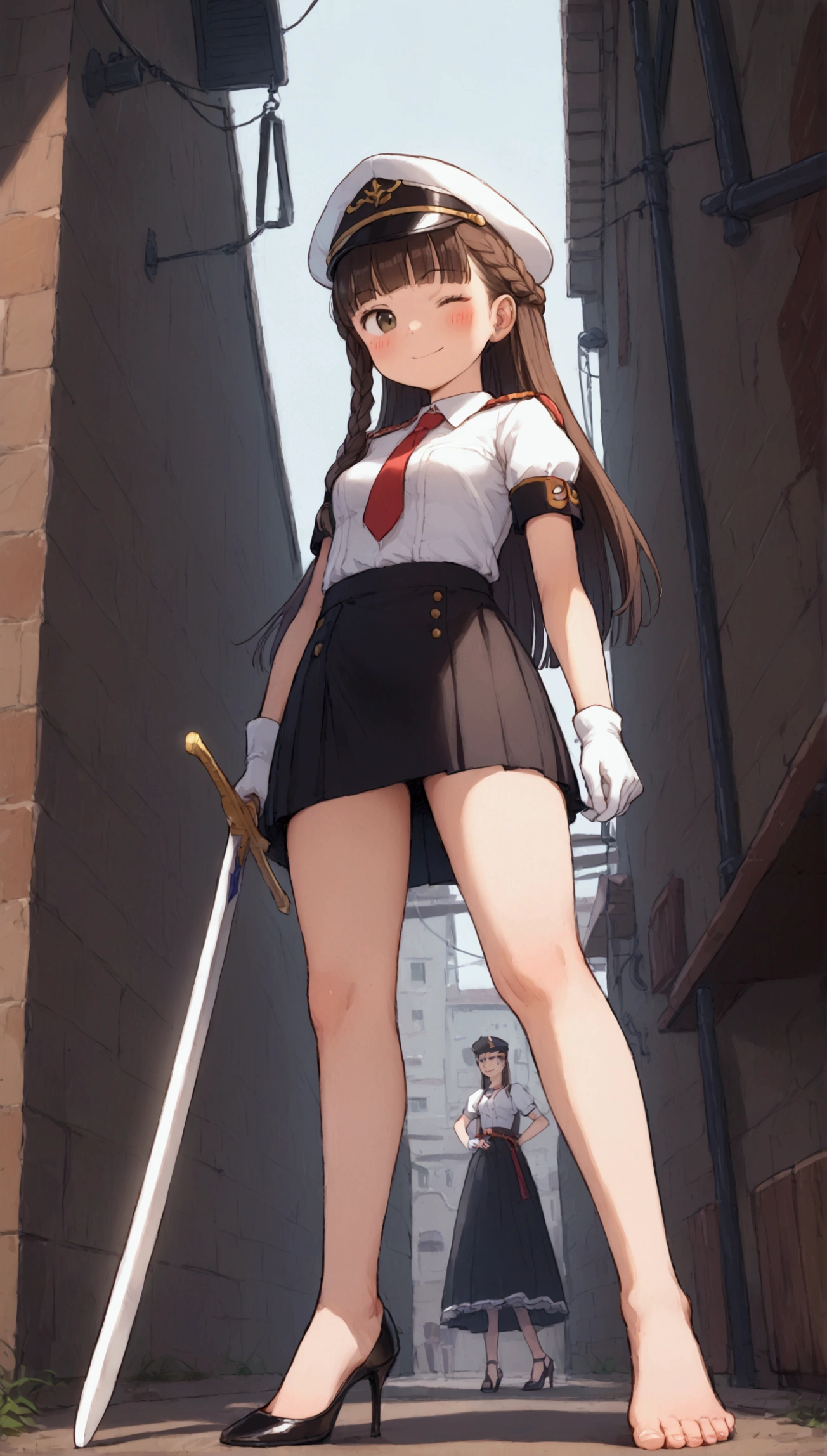 {Highest quality}, {Super beautiful},{Ultra fine},{Best illustration},Brown Hair,Hime cut,long hair,Braid,One woman,Standing Woman,Strike a pose,smile,smilingly,Smile,Wink,Uniform cap,White Shirt,Short sleeve,Long black skirt,White gloves,In the back alley,Blushing,Slender,Black stiletto heels,barefoot,From an angle,From below,Holding a sword,Draw your sword,Swing down