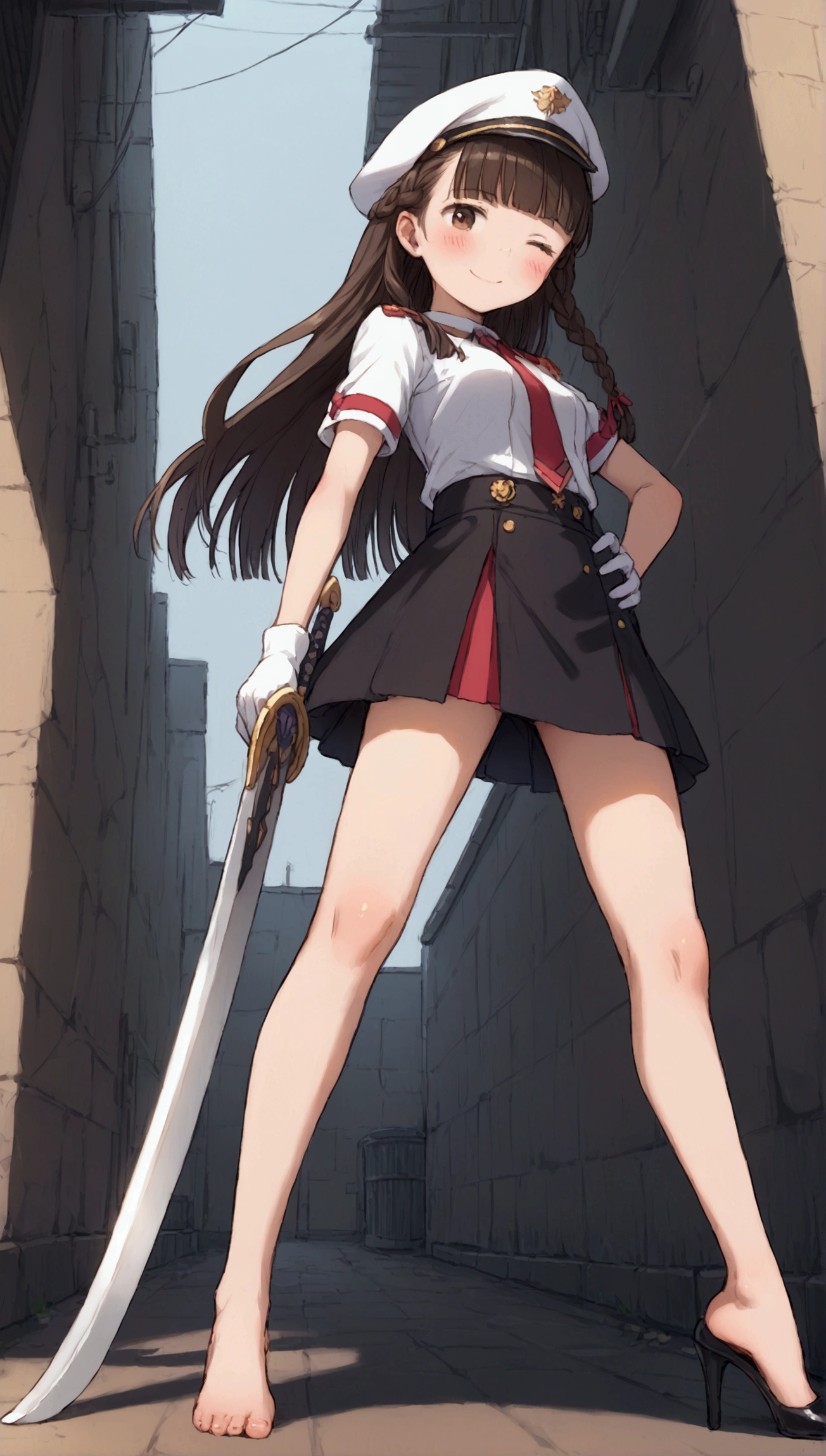 {Highest quality}, {Super beautiful},{Ultra fine},{Best illustration},Brown Hair,Hime cut,long hair,Braid,One woman,Standing Woman,Strike a pose,smile,smilingly,Smile,Wink,Uniform cap,White Shirt,Short sleeve,Long black skirt,White gloves,In the back alley,Blushing,Slender,Black stiletto heels,barefoot,From an angle,From below,Holding a sword,Draw your sword,Iai