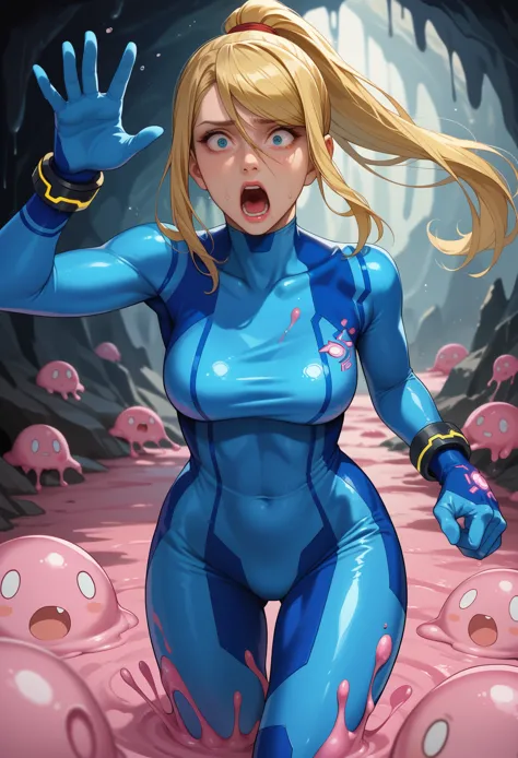 score_9, score_8_up, score_7_up, 1girl, solo,defsamus, blonde hair, long hair, bodysuit, blue clothes, blue pants, blue gloves, ...