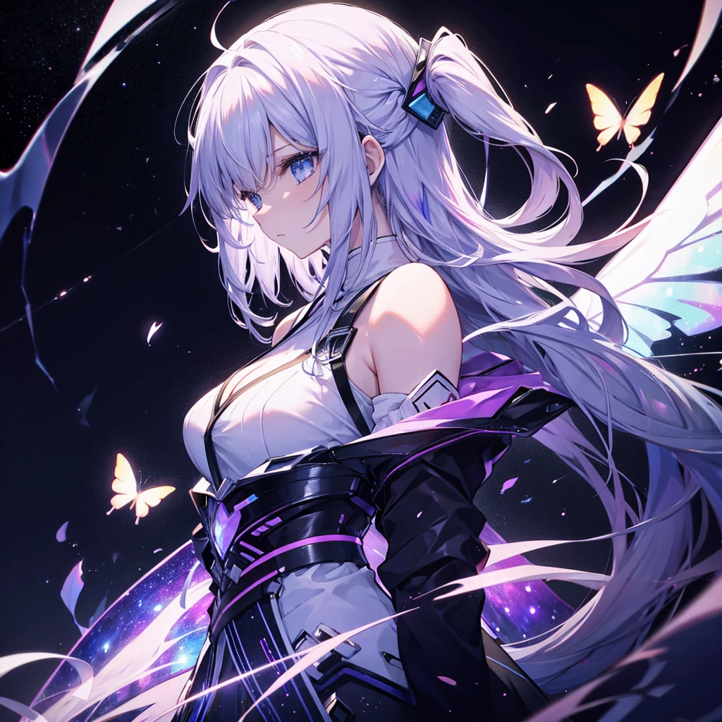 One woman,Archangel((Galaxy Wings,Infinite depth,grow,very mysterious,Close-up)) background(Cyber World) Serious expression,Looking diagonally upwards, pure white long hair,A butterfly blowing in the wind. A side view. Neon colors shining brightly.,Super Mysterious Japanese Anime Style