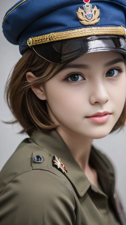 (Highest image quality, Excellent details, RAW photos、Ultra-high resolution、), Ukrainian female soldiers，On the battlefield、Beautiful and cool female soldier，((Wearing a military cap))，In military uniform，Portable rifles，Upper body close-up，The face is rich in detail， (Bright lips:1.25)，Silver short hair