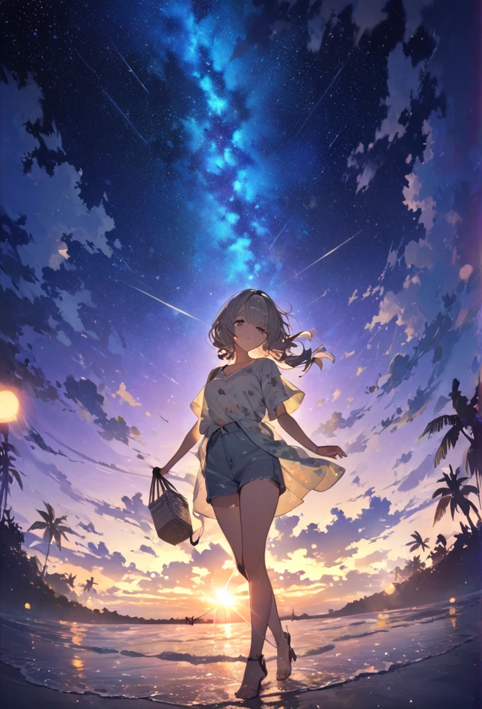 Highest quality　masterpiece　High resolution　Masterpiece Gray Eyes　Low twin tails、casual summer outfit　、flowerpunk、Sparkling light particles、Vivid gradient effect