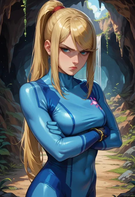 score_9, score_8_up, score_7_up, 1girl, solo,defsamus, blonde hair, long hair, bodysuit, blue clothes, blue pants, blue gloves, ...