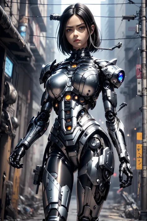 alita battle angel, high-detailed face,work of art, bela , black cyborg, ,, in tight metal armor, metal belt, electronic armatur...