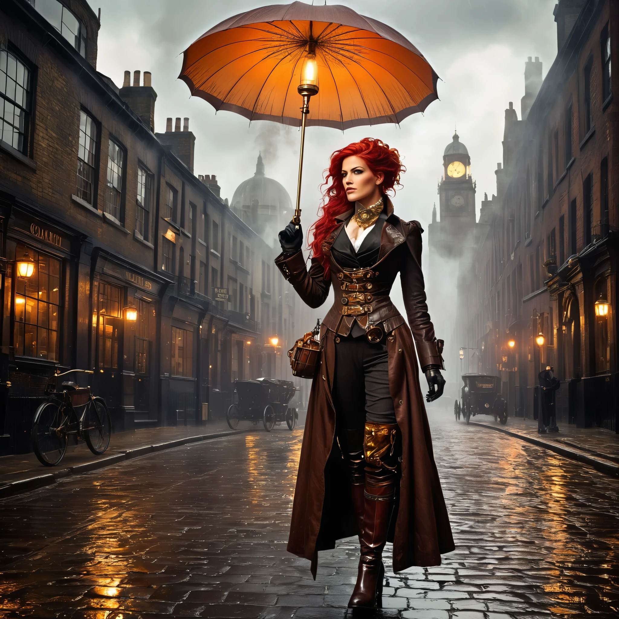 London street in the late 1800s, but with a steampunk twist. Think towering clockwork buildings with smokestacks puffing out steam, gaslight lamps casting an orange glow, and airships gliding silently overhead. Cobblestones slick with rain reflect the gaslight and bustling activity. Character: A beautiful woman with an air of confidence and purpose. Describe her distinct features and steampunk attire. Here are some options: Crimson hair cascading down her shoulders, adorned with gears and a miniature brass monocle perched on one eye. Dressed in a long, flowing coat of worn leather, accented with polished brass buckles and intricate clockwork patterns woven into the fabric. Goggles rest on her forehead, and sturdy riding boots with built-in steam pistons propel her bicycle