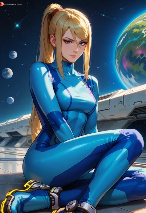 score_9, score_8_up, score_7_up, 1girl, solo,defsamus, blonde hair, long hair, bodysuit, blue clothes, blue pants, blue gloves, ...