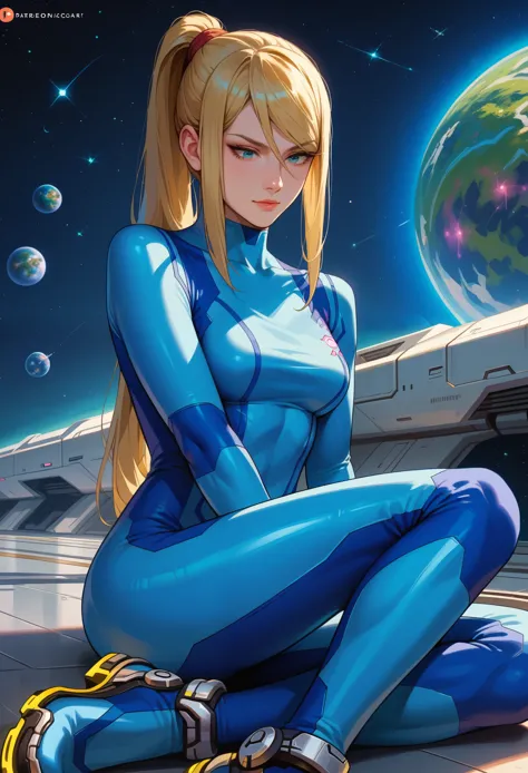 score_9, score_8_up, score_7_up, 1girl, solo,defsamus, blonde hair, long hair, bodysuit, blue clothes, blue pants, blue gloves, ...