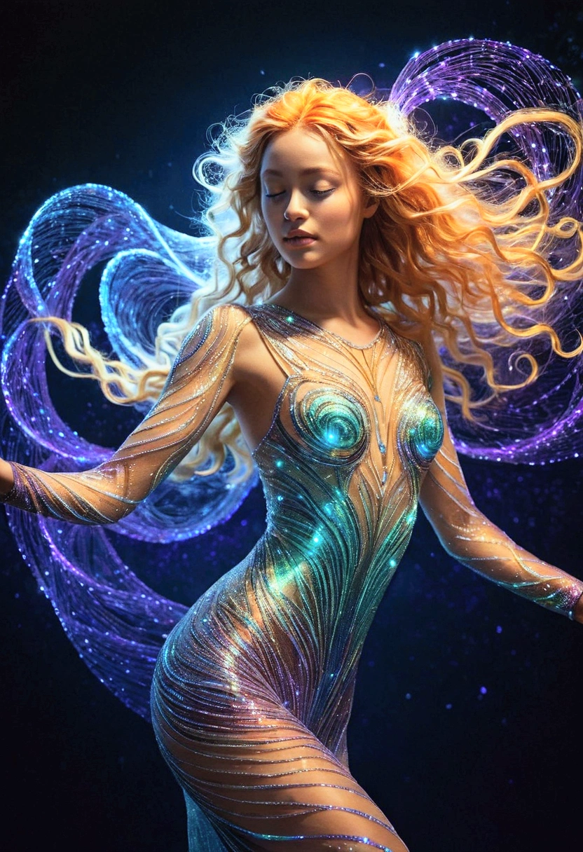 The image depicts a girl made of intricate, shimmering lines of light, standing in a full-body pose that emphasizes her ethereal form. Her hair, a vibrant orange-blonde, is rendered in thick, messy waves, with luminous strands swirling and dancing around her, creating a sense of motion and vitality. Her face, with delicate features, is composed of glowing lines that highlight her eyes and mouth, giving her an almost holographic appearance. Her body, similarly crafted from intricate light patterns, showcases an elegant yet dynamic posture. Surrounding her is a rich, dynamic background filled with gem-like particles in various shades of blue, purple, and green, resembling a cosmic landscape. Intertwining lines of light weave through the backdrop, enhancing the sense of depth and creating a visual rhythm that complements the girl’s form. The overall atmosphere is vibrant and otherworldly, evoking a dream-like quality. 

Keywords: ethereal, holographic, dynamic, cosmic, vibrant, luminous, intricate, full-body pose, swirling motion, glowing lines, gem-like particles, depth, visual rhythm, dream-like quality, colorful background, abstract, digital art, high contrast, fantasy style, illuminated, surreal lighting.