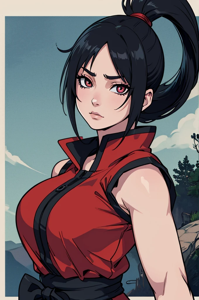 (((masterpiece))), ((naruto)), ((highly detailed)), (((high quality))), 1girl, (((solo))), upper art, ((pretty face:1.2)), (((black hair))), very long hair, (((ponytail))), sharigan eye, Uchiha eyes, ((Akatsuki clothing)), looking at viewer, nonchalant face, ((konoha background)), giant breasts, big breasts, ((pale skin)), closeup, ((dark vibes)), (((dynamic pose))), ((real proportions of a woman)), ((loose clothes)), ((dark red clothes))