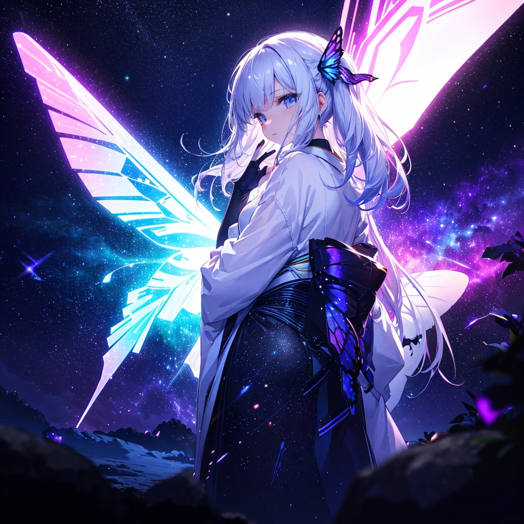 One woman,Archangel((Galaxy Wings,Infinite depth,grow,very mysterious,Close-up)) background(Cyber World) Serious expression,Looking diagonally upwards, pure white long hair,A butterfly blowing in the wind. A side view. Neon colors shining brightly.,Super Mysterious Japanese Anime Style