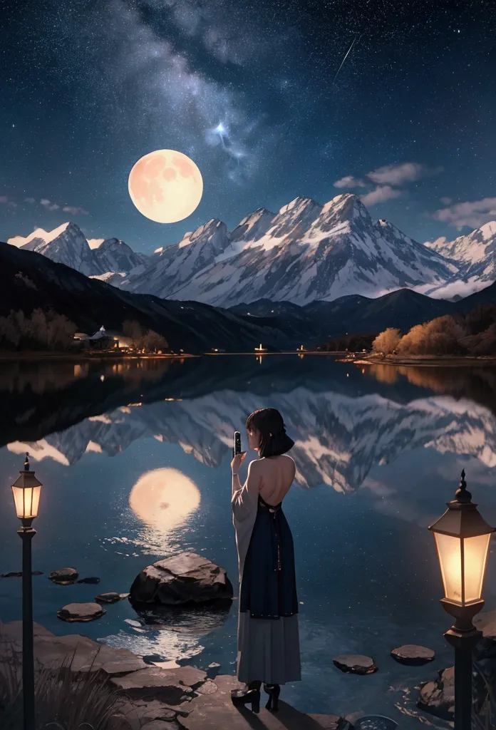 1 woman_take a selfie with your back to the background, starry night. huge moon behind the mountains. a quiet lake reflects the ...