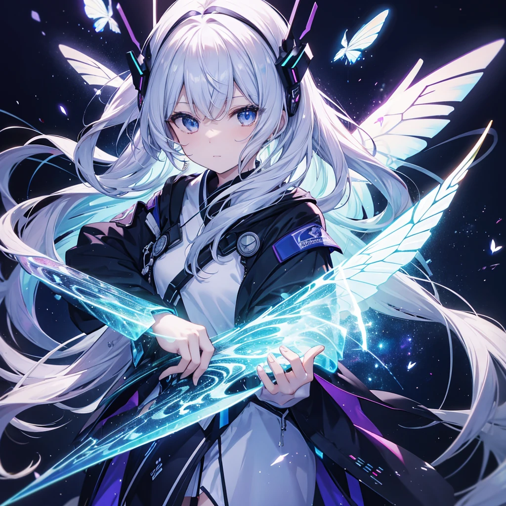 One woman,Archangel((Galaxy Wings,Infinite depth,grow,very mysterious,Close-up)) background(Cyber World) Serious expression,Looking diagonally upwards, pure white long hair,A neon colored butterfly blowing in the wind,Super Mysterious Japanese Anime Style