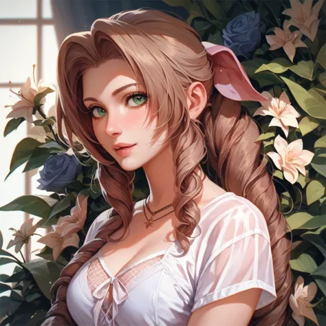 (best quality), (very aesthetic), (ultra-detailed), (best illustration),aerith in sexy lingerie eyes looking at me with a silky ...