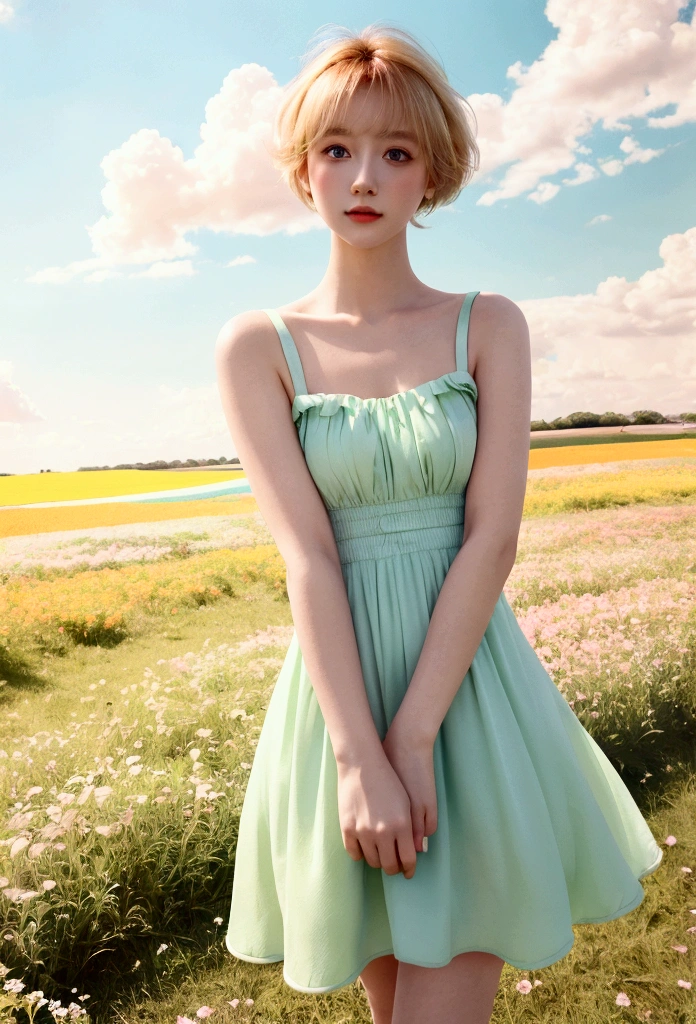 Beautiful woman standing in a flower field wearing a short dress_Fine details of delicate features, orange blonde short hair_Delicate explanation, Colorful and rich fantasy clothing, bright and soft colors, chassis, Colorful pastels, cute colorful lovely, vivid fantasy style, soft and cute colors, Bright pastel colors, Zia, Bright pastel colorss, sakimichan hdri, gradient pastel green, Vibrant pastel colors, blue sky, white cumulus clouds, (masterpiece, best quality:1.2), 1 girl, , big eyes, fluffy hair, happiness, grassland, Green style background，