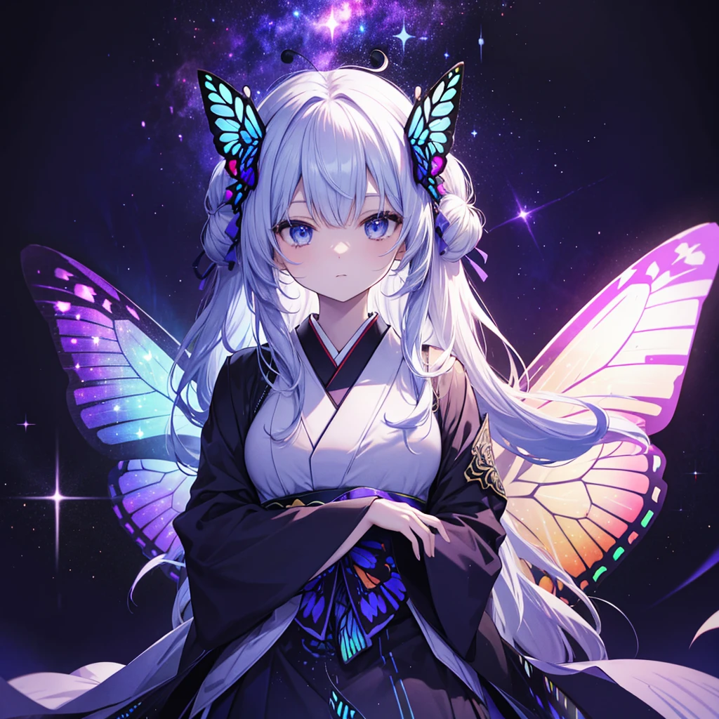 One woman,Archangel((Galaxy Wings,butterfly,Infinite depth,grow,very mysterious,Close-up)) background(Cyber World) Serious expression,Looking diagonally upwards, pure white long hair,風に吹かれている ネオンカラーとても輝いている butterfly,Super Mysterious Japanese Anime Style