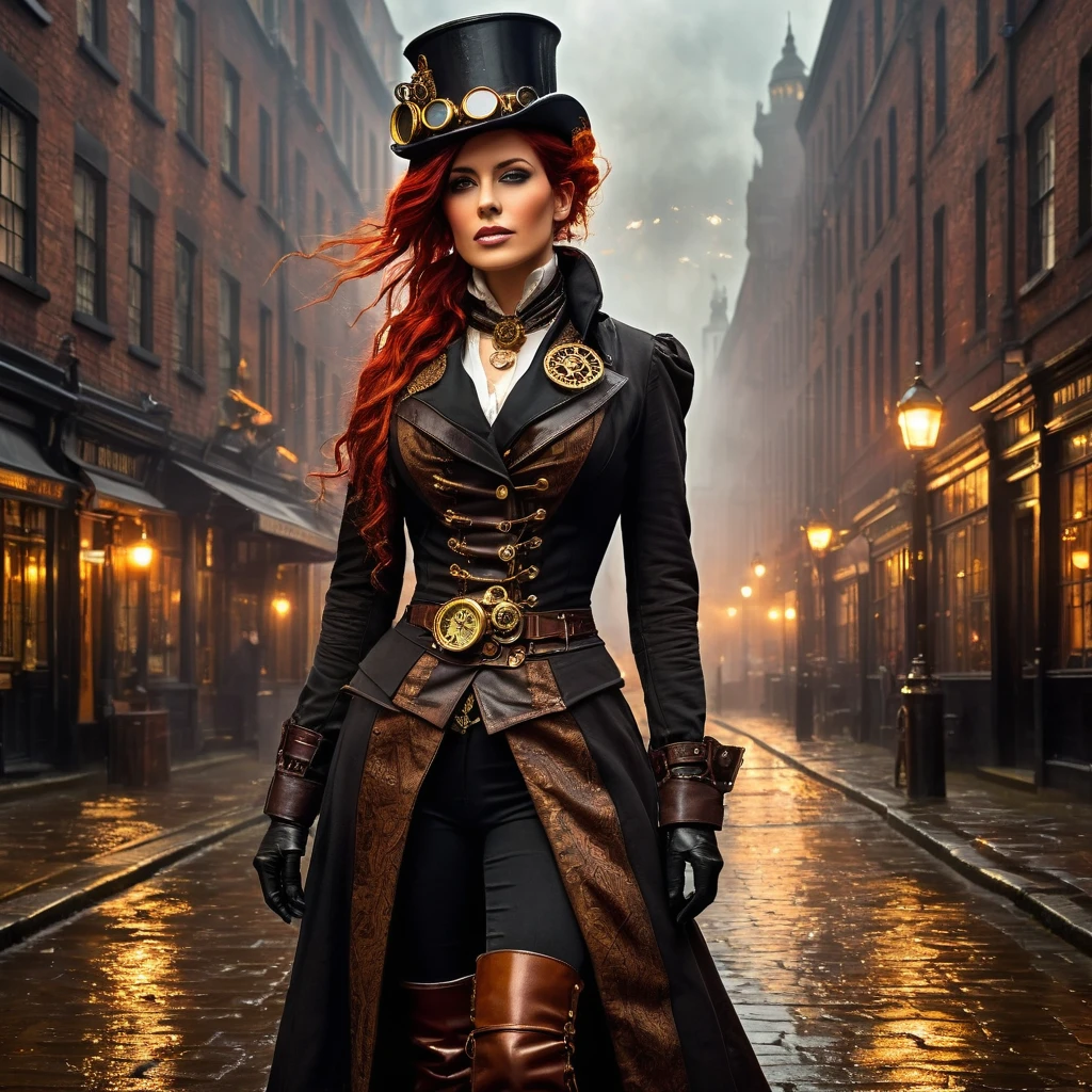 London street in the late 1800s, but with a steampunk twist. Think towering clockwork buildings with smokestacks puffing out steam, gaslight lamps casting an orange glow, and airships gliding silently overhead. Cobblestones slick with rain reflect the gaslight and bustling activity. Character: A beautiful woman with an air of confidence and purpose. Describe her distinct features and steampunk attire. Here are some options: Crimson hair cascading down her shoulders, adorned with gears and a miniature brass monocle perched on one eye. Dressed in a long, flowing coat of worn leather, accented with polished brass buckles and intricate clockwork patterns woven into the fabric. Goggles rest on her forehead, and sturdy riding boots with built-in steam pistons propel her bicycle