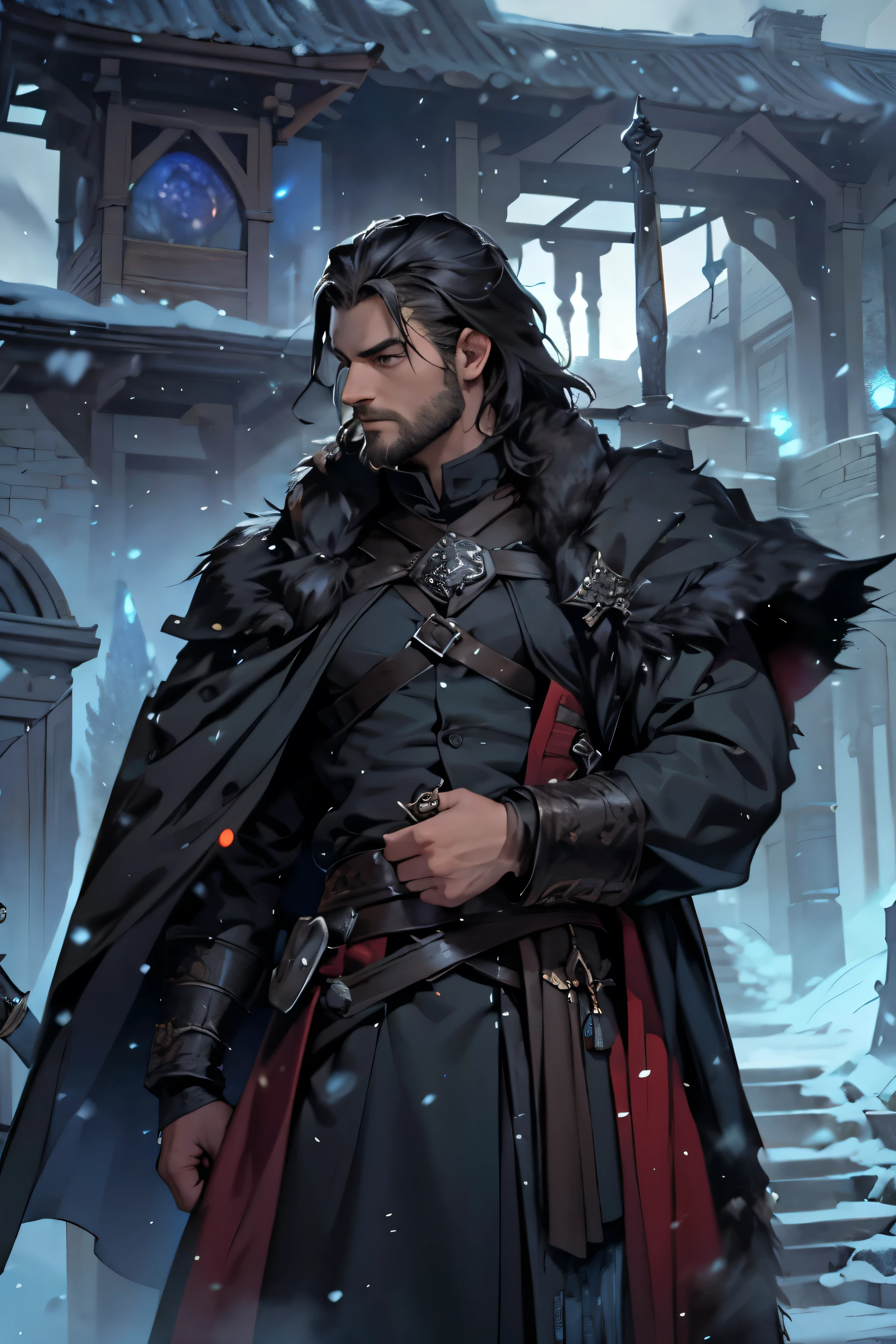 ((Best quality)), ((masterpiece)), ((realistic cartoon)), ((perfect character)):

In this stunning and highly detailed realistic cartoon, we present a mage summoning his enchantments in Winterfell. The Northerner stands tall, clad in an intricate and detailed black fur cloaks.

He was about 200+ tall, strong, muscular, with a fierce face adorned with a soft, well-groomed beard that complemented his long brown-black hair that was tied back, grey eyes, and his black outfit and coat, with the great sword in the scabbard that he carried on the back left of his shoulder and he's from House Stark from series House of the Dragon

Every element of this masterpiece is carefully designed to create a sense of realism and immersion. The intricacies of the mage's clothing, the mesmerizing effects of his conjurations, and the level of detail in his weathered face all contribute to a captivating visual experience. This artwork is presented in stunning UHD resolution, allowing you to appreciate every nuance and intricacy in breathtaking detail. House of the Dragon Style.

Eye level, scenic, masterpiece.