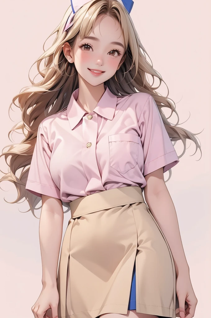 high resolution,smile,happy,light smile,woman,woman1人,adult,Clear,cute,
blunt bangs,Blonde Hair,BREAK, Brown eyes,BREAK,wavy hair,long hair,BREAK, ((looking at viewer)),
Nurse uniform,mini skirt,Nurse cap,BREAK,Facing forward,BREAK,Pink background,
