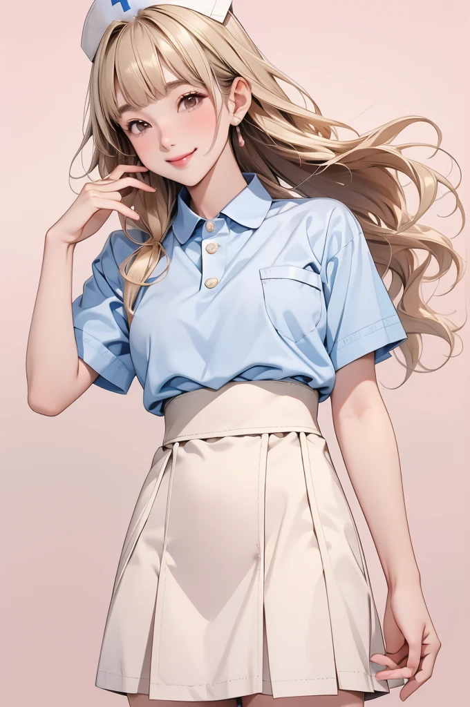 high resolution,smile,happy,light smile,woman,woman1人,adult,Clear,cute,
blunt bangs,Blonde Hair,BREAK, Brown eyes,BREAK,wavy hair,long hair,BREAK, ((looking at viewer)),
Nurse uniform,mini skirt,Nurse cap,BREAK,Facing forward,BREAK,Pink background,
