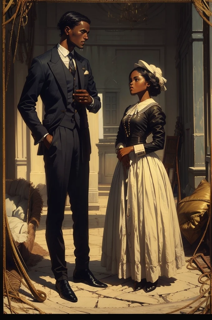 boy with perfect suit, black skinned girl with a cheap dress, colonial era