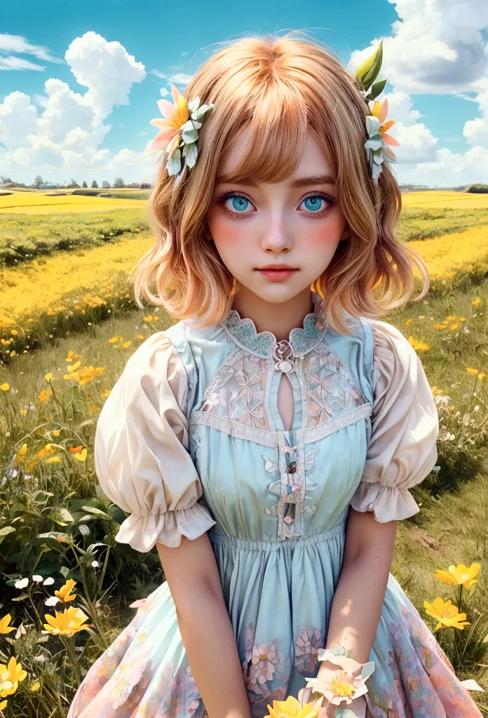 beautiful woman standing in a flower field wearing a short dress_fine details of delicate features, orange blonde short hair_del...