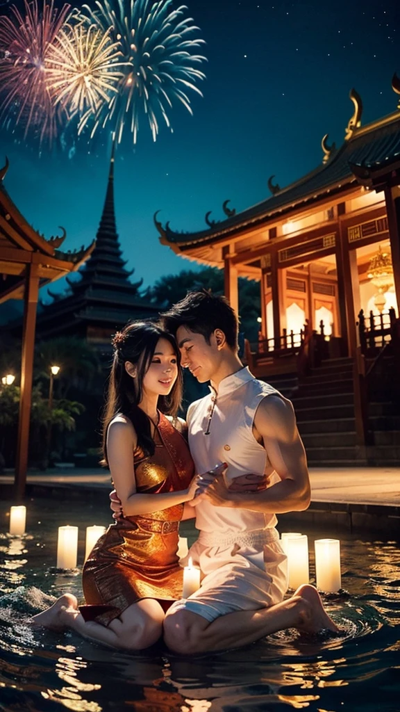 "A Dragon Ball Z-style cartoon drawing depicting a romantic scene at a Thai temple during the Loy Krathong festival. The image features a young couple with expressive anime-style features, sharing a tender moment as they float lanterns on the water at the temple's pier. The night sky is filled with vibrant fireworks and the soft, magical light of a full moon. The temple is illustrated with bold, dramatic lines typical of anime. Include Thai text in the artwork, reading 'ลอยกระทง,' to enhance the cultural setting. The drawing should capture the festival's excitement, the romance of the moment, and the grandeur of the fireworks and moonlit night."