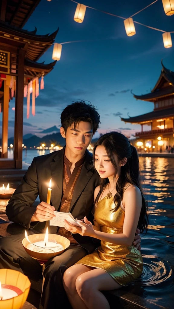 "A Dragon Ball Z-style cartoon drawing depicting a romantic scene at a Thai temple during the Loy Krathong festival. The image features a young couple with expressive anime-style features, sharing a tender moment as they float lanterns on the water at the temple's pier. The night sky is filled with vibrant fireworks and the soft, magical light of a full moon. The temple is illustrated with bold, dramatic lines typical of anime. Include Thai text in the artwork, reading 'ลอยกระทง,' to enhance the cultural setting. The drawing should capture the festival's excitement, the romance of the moment, and the grandeur of the fireworks and moonlit night."