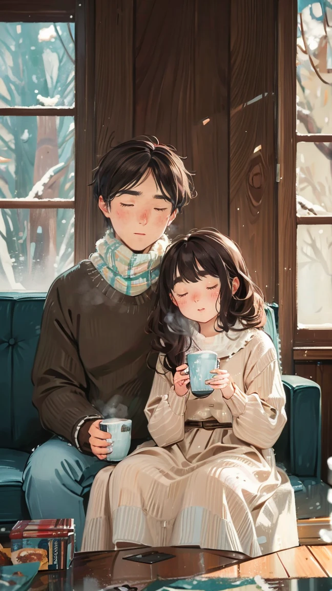 wood floor living room、furnace、couples sits at sofa cuddled inside blanket looking at windows、they holding cup of hot chocolate, snowy window outside、evening、snow drops、cozy living room, nice aesthetics carpets