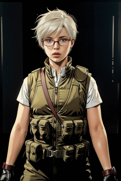 work of art , a girl, on battlefield, ( light white short hair:1.2), (Eyes red:1.2), (Russian Military Uniform:1.2), (looks at viewer:1.2) , (8k, Best Quality 1.2), ultra detali, 8k uhd, soft lighting, high qualiy, film grain, beautiful lighting, cinematic ,perfectbody , better lighting, best shade, sharpening, sharp contrast, red glasses, Messy hair, tactical vest, mitts, earphone, absurd high detailed face