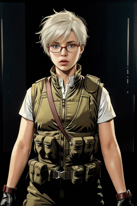 work of art , a girl, on battlefield, ( light white short hair:1.2), (eyes red:1.2), (russian military uniform:1.2), (looks at v...