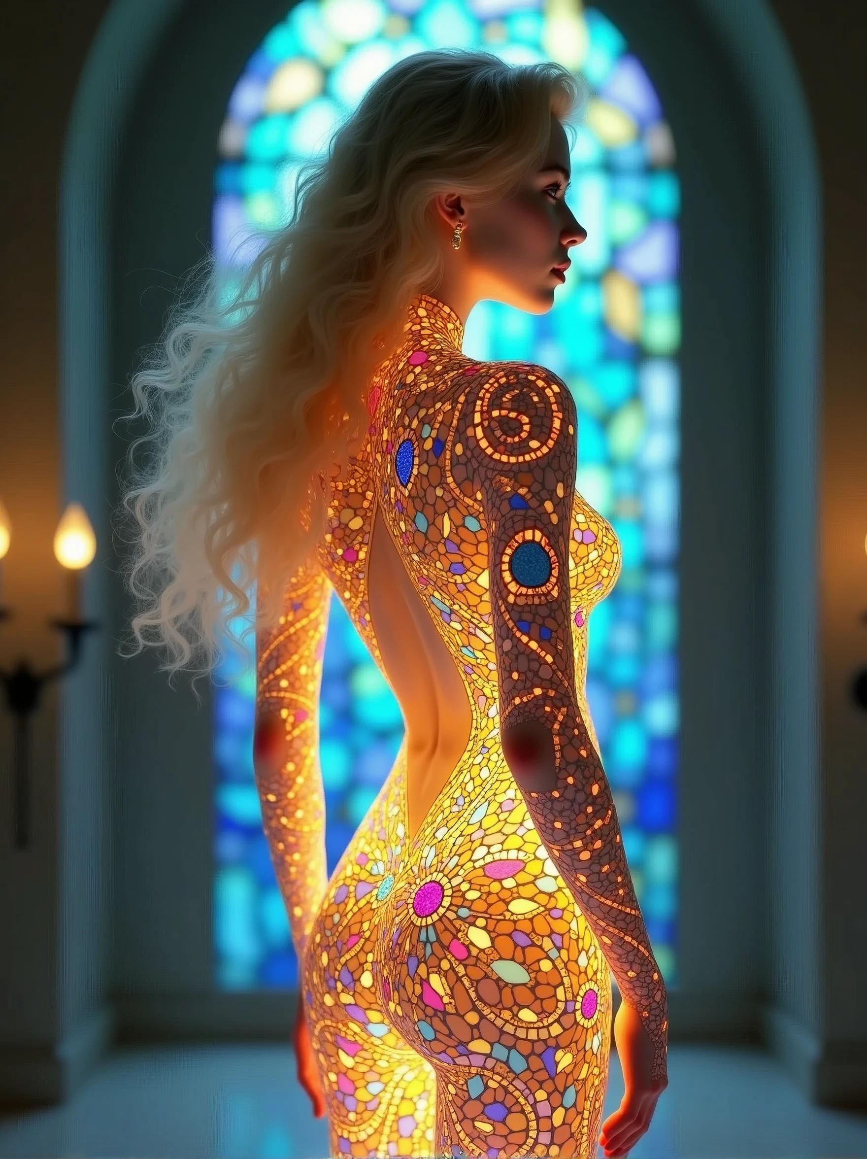 (masterpiece, best quality), 8K,(((Very detailed))), Race:1.8,Super intricate Race pattern,colorful Race pattern,Stained glass background transparent body, Mandala,Light Up,cold, 1 female,Open back,(curls,Blonde),