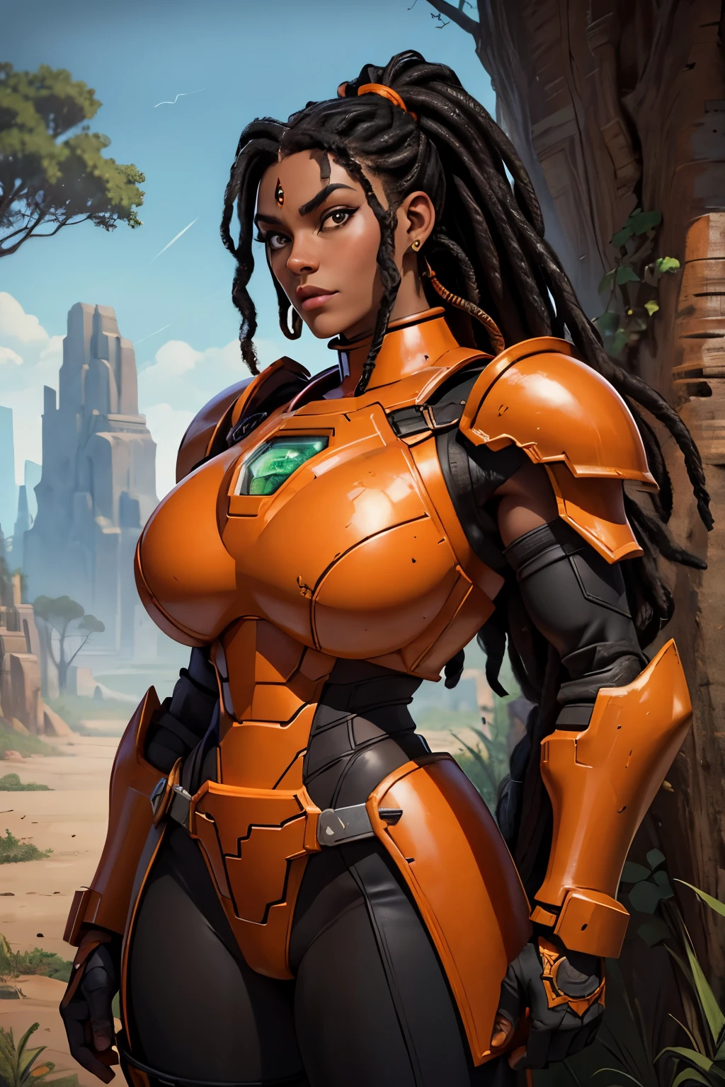 Portrait of  African woman with (short black dreadlocks), black hair pulled back, wearing a (heavy orange mechanical armor, power armor covering her chest and arms, orange breast plate) with large (round orange shoulder pads). a dark green undersuit visible between the armor pieces. (Barbarian fur).Badlands background with dead trees. super high quality, super high detail, masterpiece, 4k, 8k, HDR, masters of the universe 